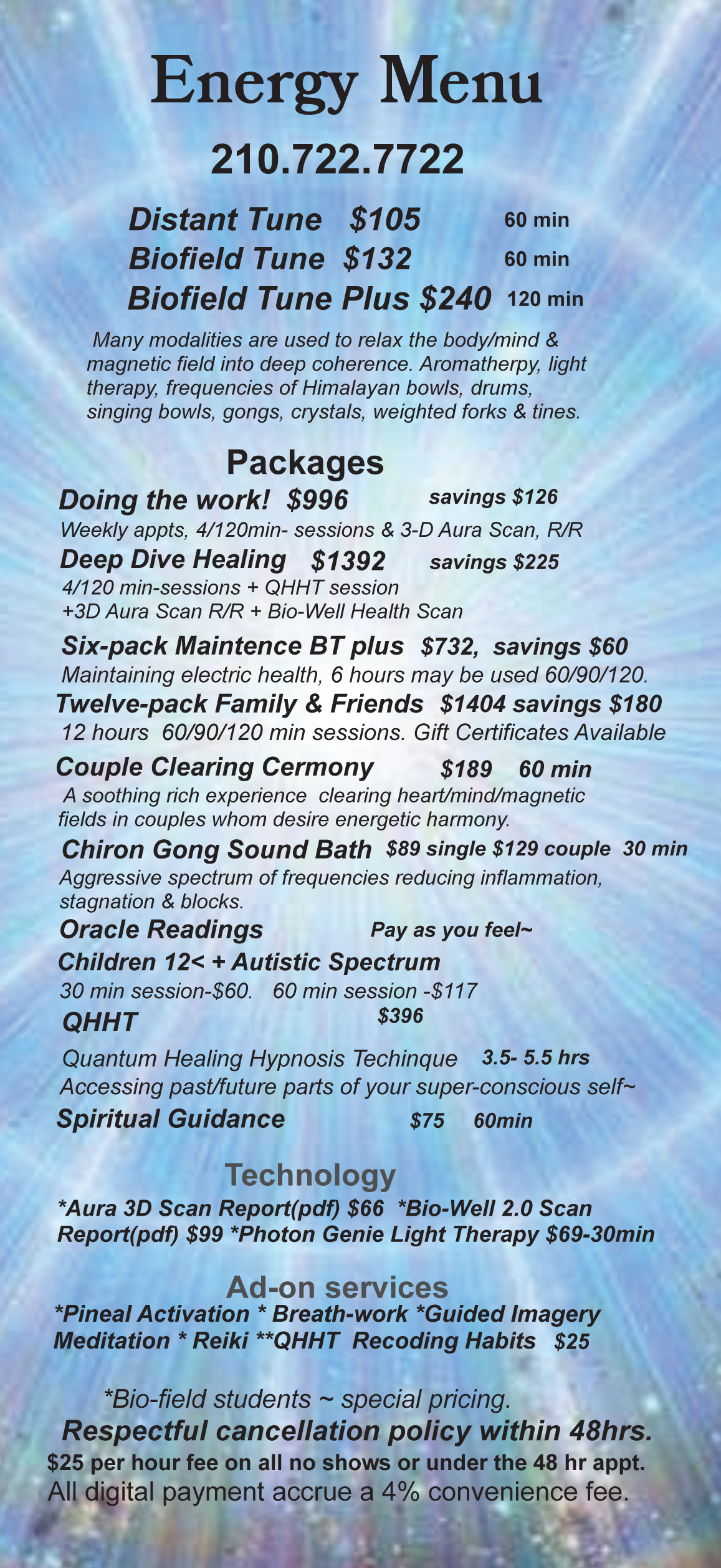 the inside of a flyer - it displays various prices, packages, and additional information