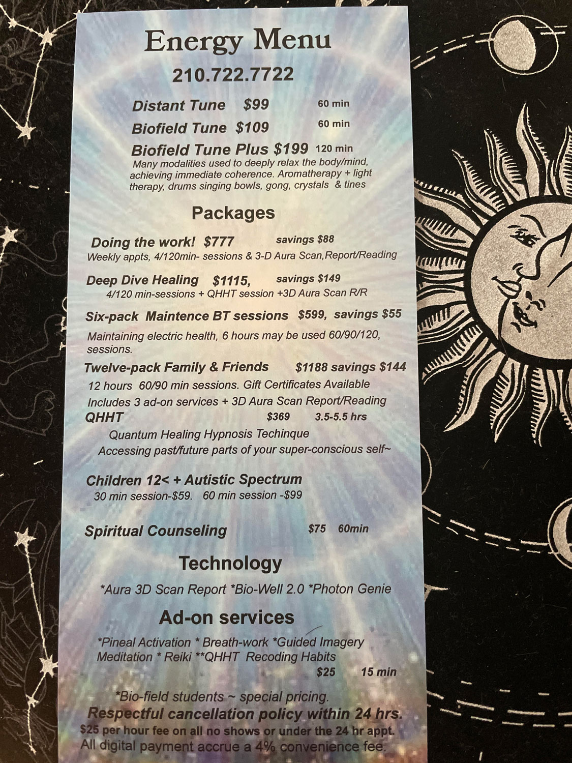 the inside of a flyer - it displays various prices, packages, and additional information